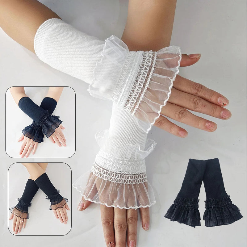 Women Lace Ruffles Cuff Elbow Sleeve Spring Autumn Detachable Fake Sleeve Arm Covers Solid Color Arm Cover Sweater Decorative