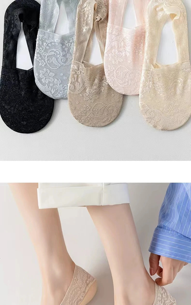 5 Pairs Of Fashionable Women's Summer Non Slip Invisible Ankle Socks Wth Lace Flower Style Socks