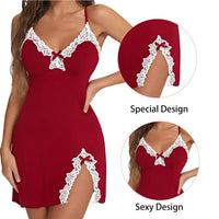 Women Nightdress Sexy Lace Chemise Bow Nightgown Sleepwear V Neck Full Slip Babydoll Lingerie Sleep Dress Sexy Costume