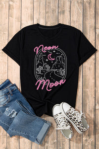 Black neon moon Letter Graphic Short Sleeve Top