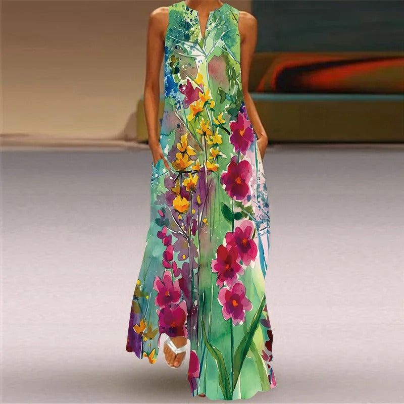 Spring Summer Long Women's Dress Floral Sleeveless Loose Print Elegant Party Dress For Women 2024 Casual Beach Maxi Dress Women