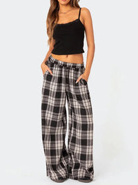 Women Y2k Oversize Pants Lounge Bottoms Fashion Plaid Casual Pants Elastic High Waist Casual Pockets Pajama Pants Homewear