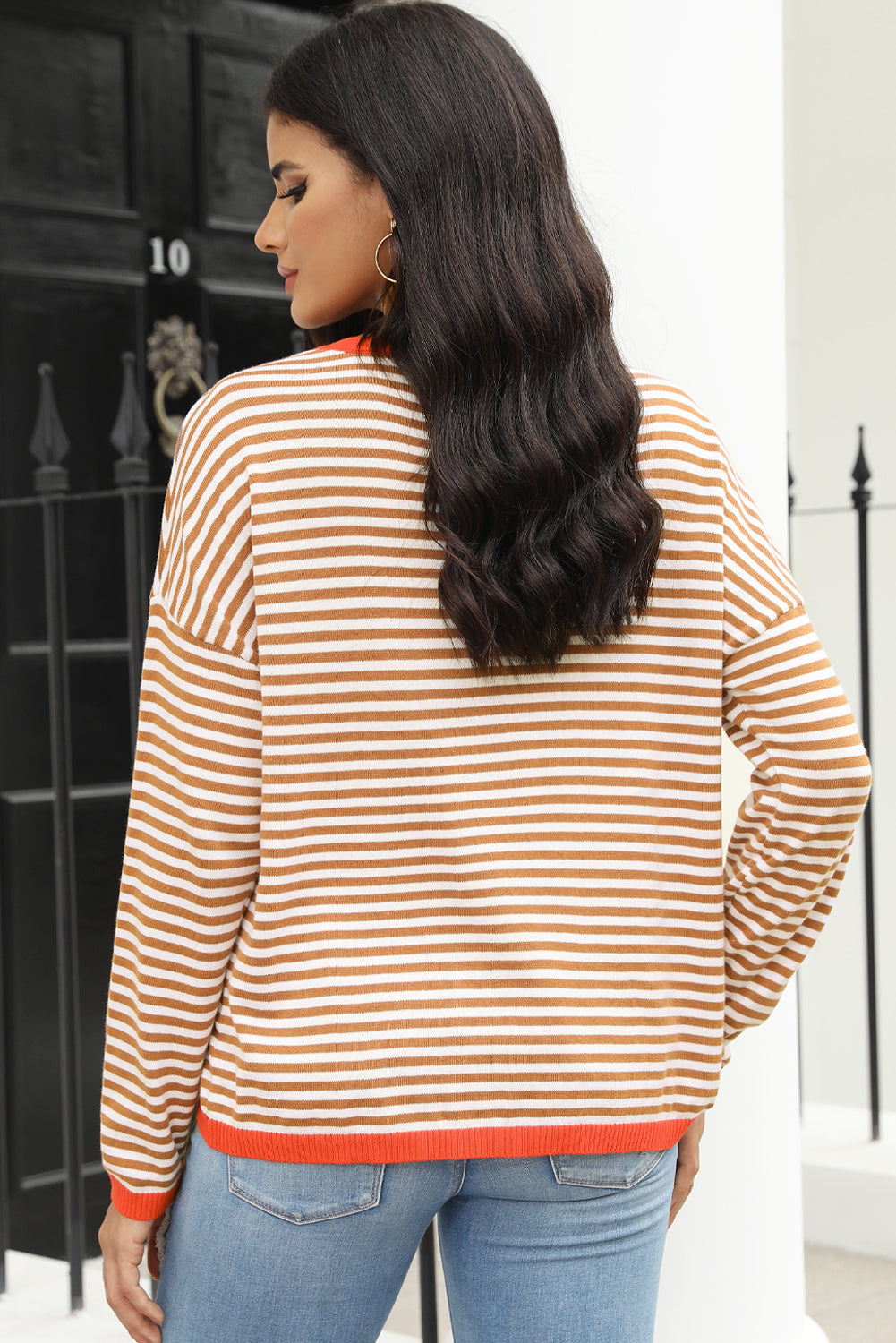 Gray Contrast Trimmed Striped Drop Shoulder Sweater