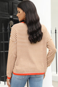 Gray Contrast Trimmed Striped Drop Shoulder Sweater