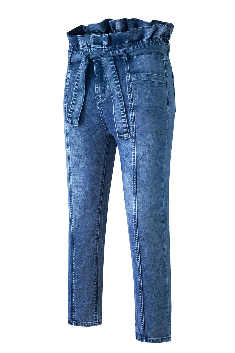 Blue Seamed Stitching High Waist Knot Skinny Jeans