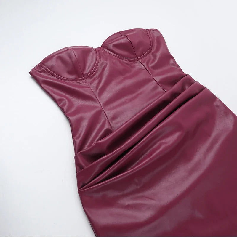 Sexy Burgundy Pu Leather Maxi Dresses Women Strapless Backless Bandage Sleeveless Pleated Hip Package Party Dress New Split Robe