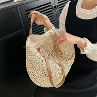 Summer Round Straw Women Vacation Woven Beach Shoulder Bag Large Capacity Hollow Out Simple Tote Bag