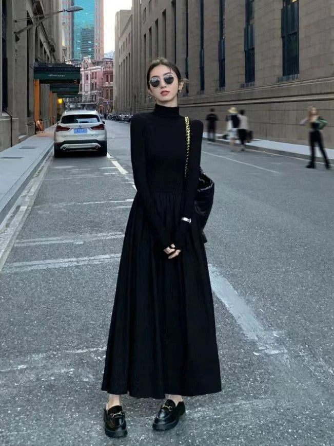 With Coat Knitted Fishtail Dress Women Autumn and Winter Long Hepburn Sle Black Dress Slim fit Inner wear Bottoming Sweater...