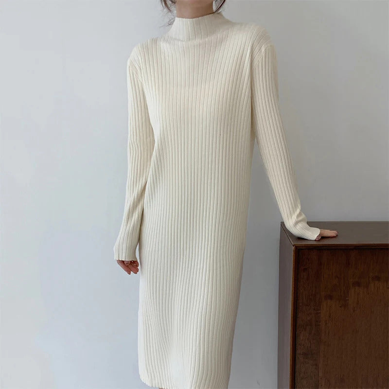 ABRINI Women Fall Versatile Mock Neck Knit Dress New Winter Inner Layer Long Sleeved Dress Casual Loose Mid-Length Sweater Dress