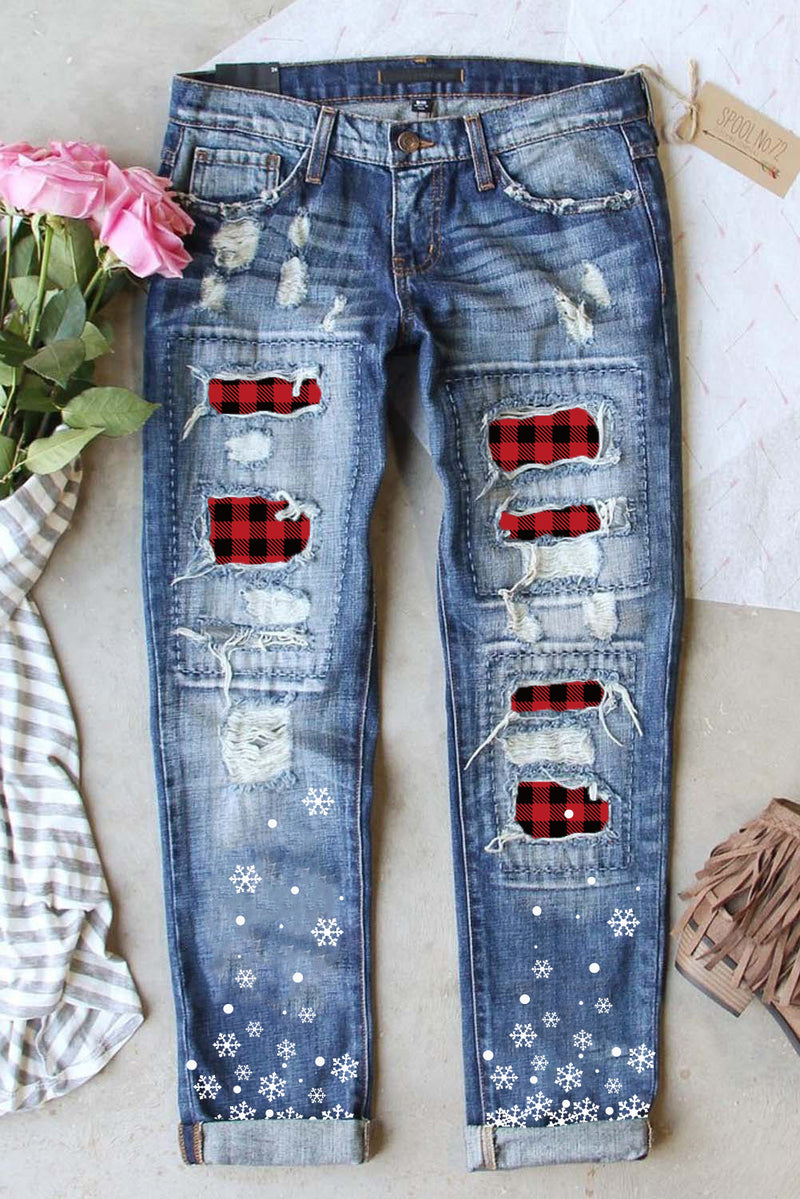 Sky Blue Buffalo Plaid Patch Christmas Snowflake Distressed Straight Jeans