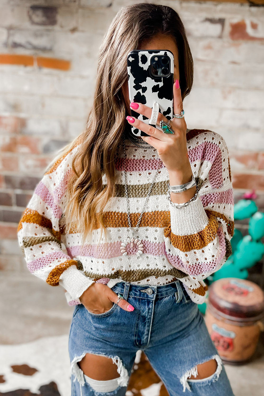 Tan Striped Hollowed Knitted Loose Sweater