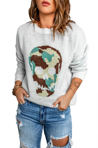 White Camo Skull Pattern Loose Knit Sweater