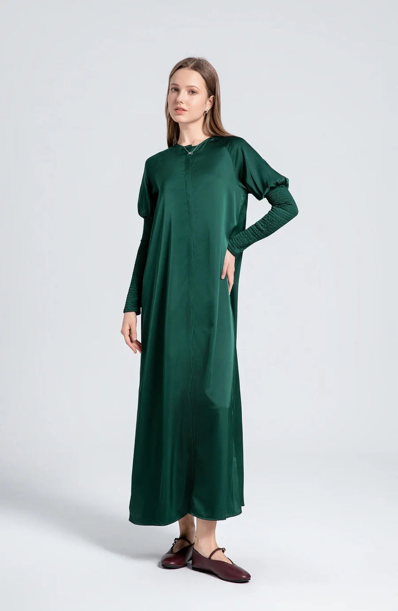 AS 2024 woman clothing satin dress button down design smocking sleeve maxi dress ( Ship out in 1 day)