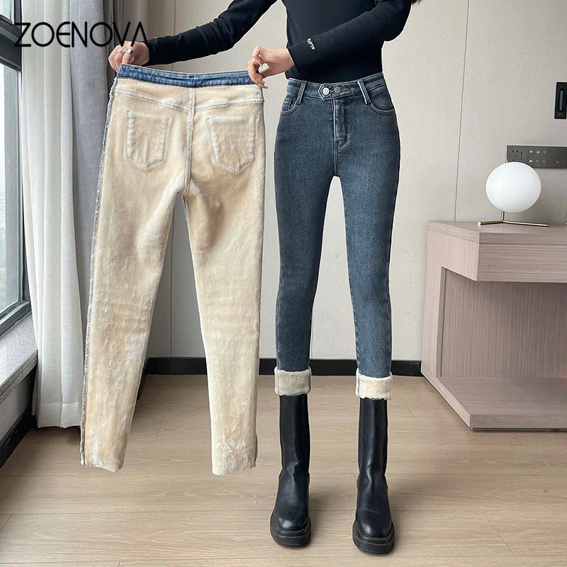 ZOENOVA 2024 Winter Thick Velvet Women Jeans High Waist Skinny Jeans Simple Fleece Warm Slim Stretch Casual Denim Pencil Pants