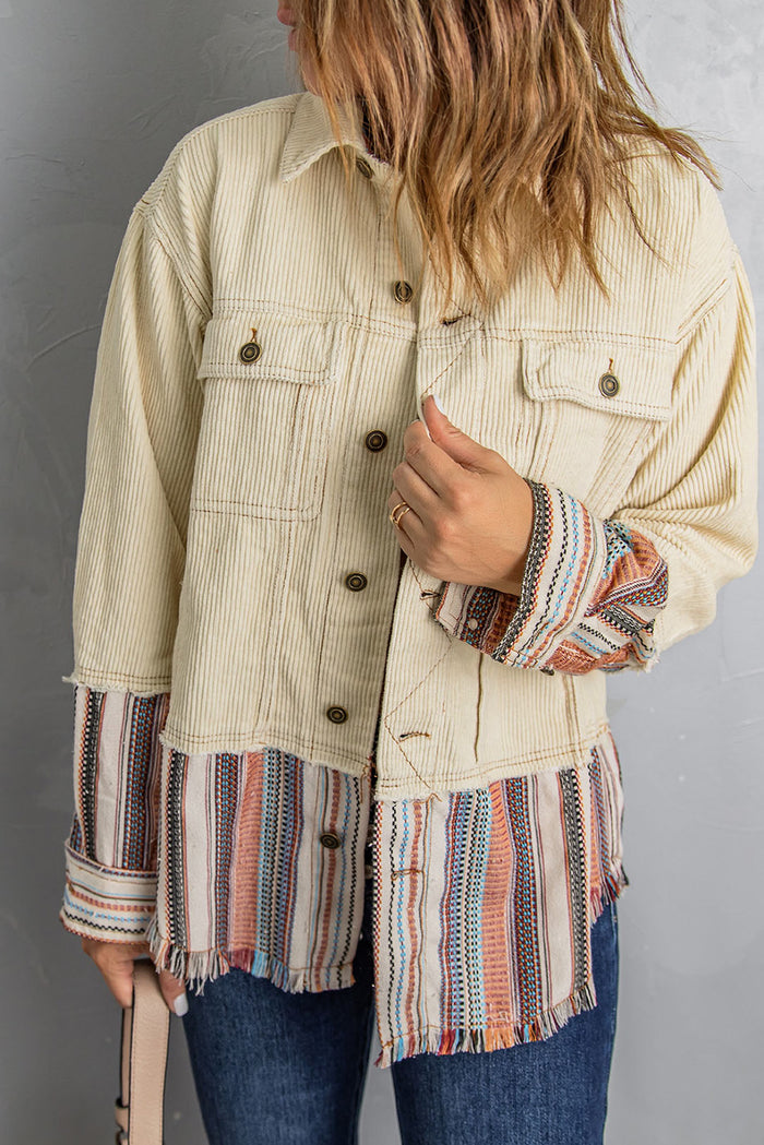 Green Button Up Pockets Striped Color Block Corduroy Jacket