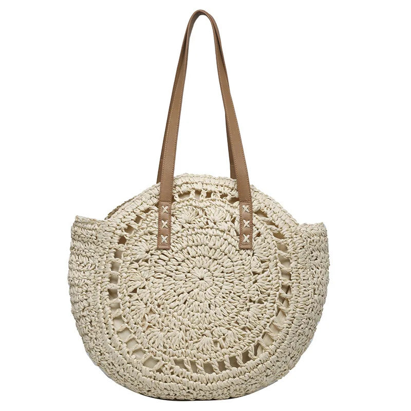 Summer Round Straw Women Vacation Woven Beach Shoulder Bag Large Capacity Hollow Out Simple Tote Bag