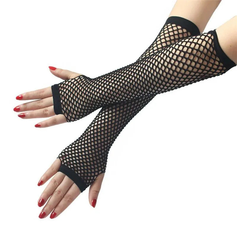 1 Pair Sexy Women Party Neon Fishnet Fingerless Long Gloves Sun Protection Sleeves Mesh Lace Thin Gloves Summer Arm Warmer