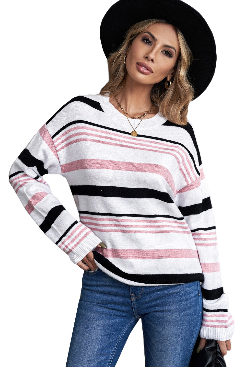 Pink Striped Crewneck Long Sleeve Sweater