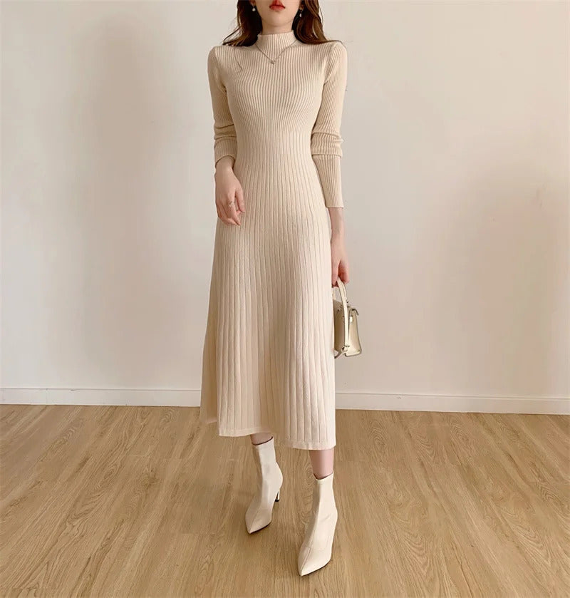 Autumn Winter 2023 Slim Long Sleeve Party Midi Dress for Women Knitted Half High Collar Elegant Knitted Sweater Dresses Ladies