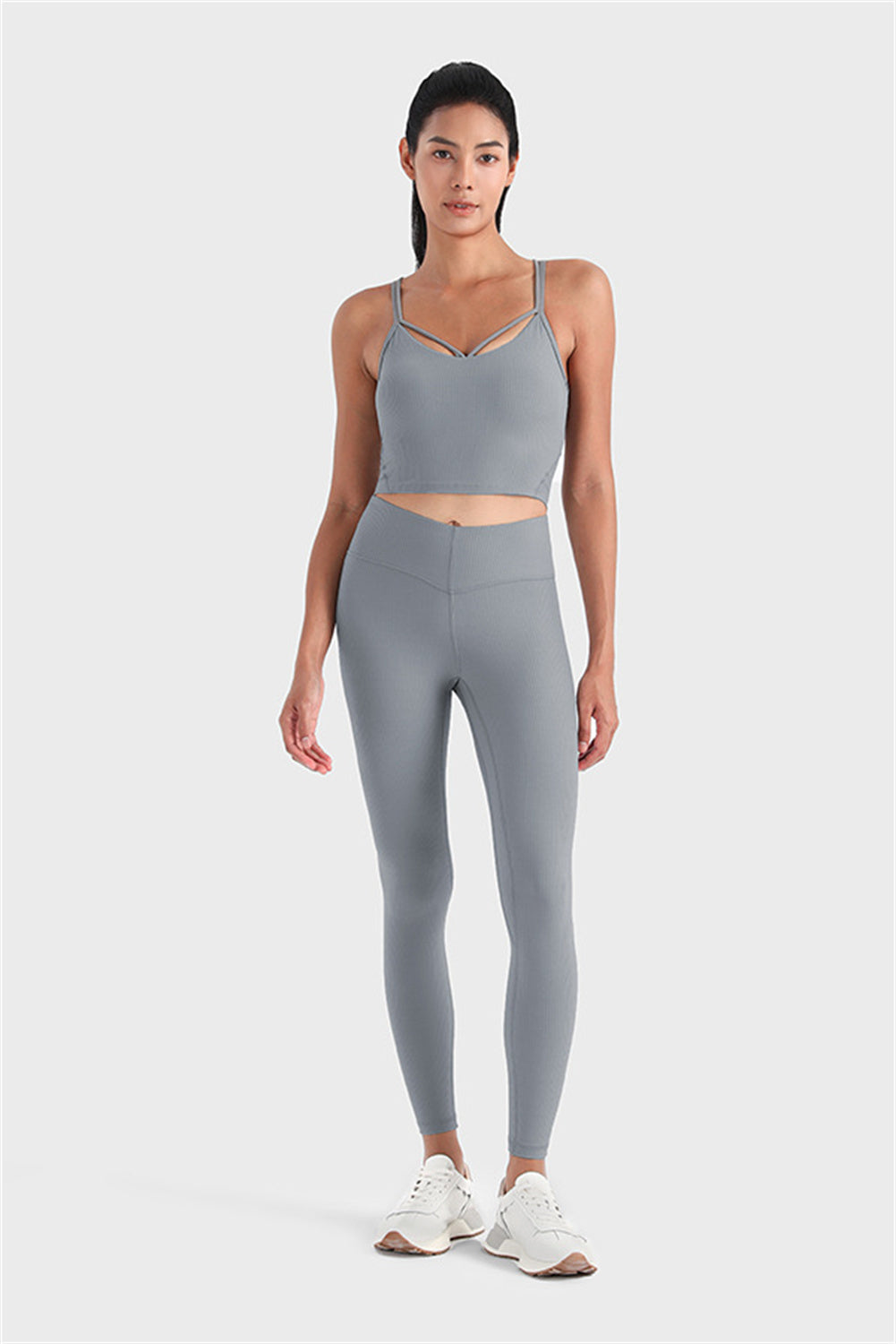 Medium Grey Wide Waistband Ribbed Skinny Yoga Pants