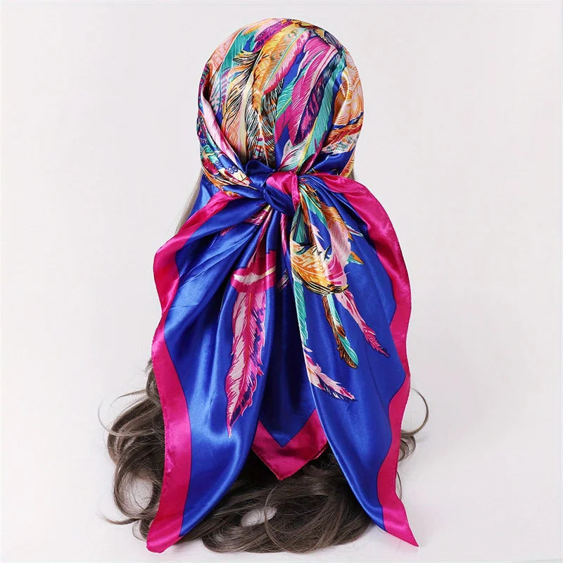 Satin Square Scarf Women Muslim Hijab Elegant 2023 Print Silk Neckerchief Shawl Wraps Headband Handle Hair Accessories Bandana