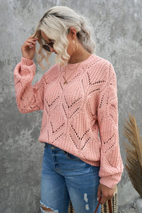 Pink Crewneck Balloon Sleeve Textured Knit Sweater