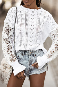 White Crochet Lace Pointelle Knit Sweater