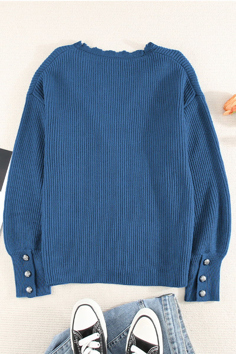 Blue Lace V Neck Knitted Pullover Sweater