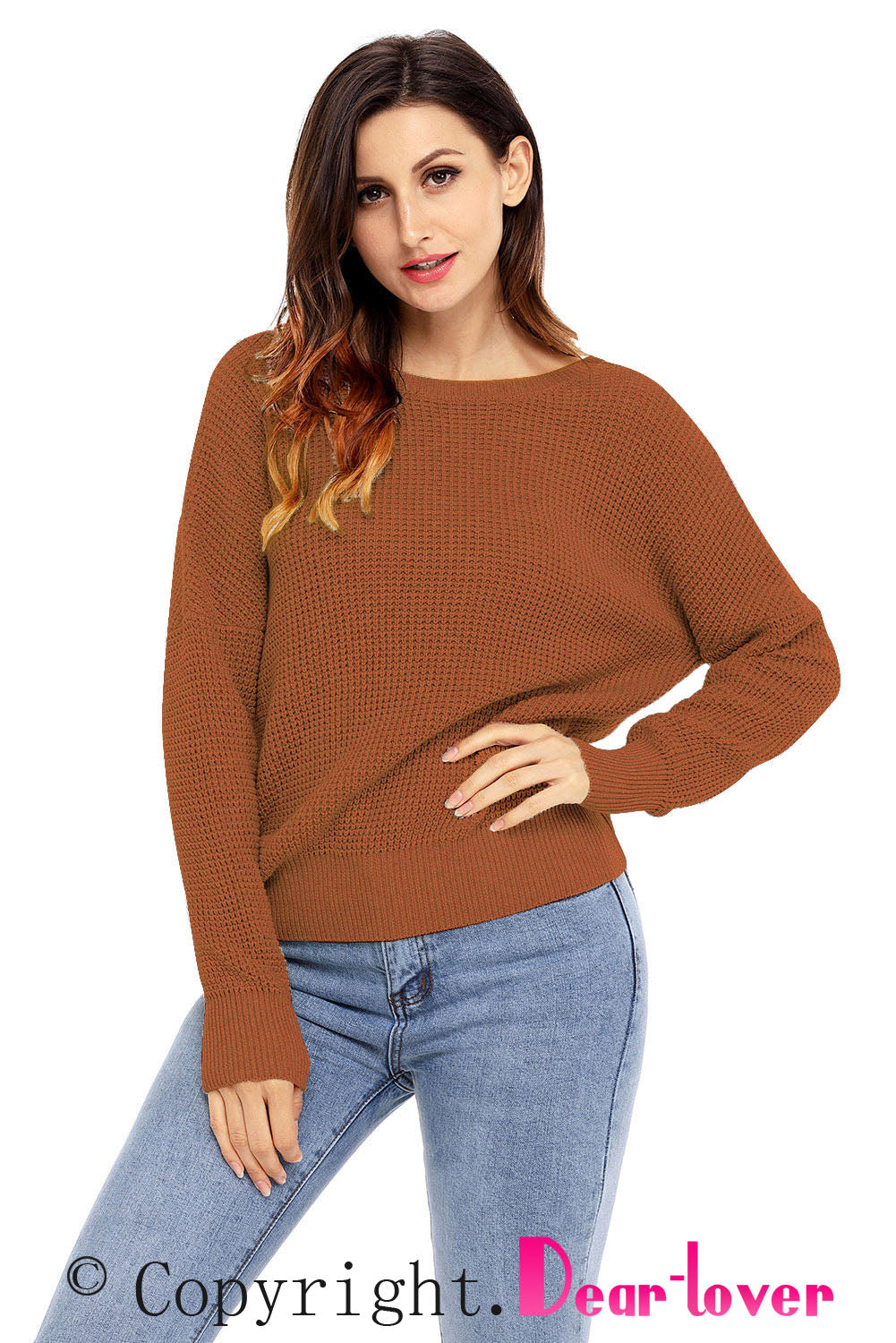 Brown Cross Back Hollow-out Sweater