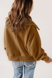 Brown Button Flap Pocket Spread Collar Fleece Jacket