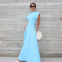 Chic Shoulder Pad Round Neck Solid Maxi Dress Women Elegant Sleeveless A-line Long Dresses 2024 Lady Fashion High Street Robes