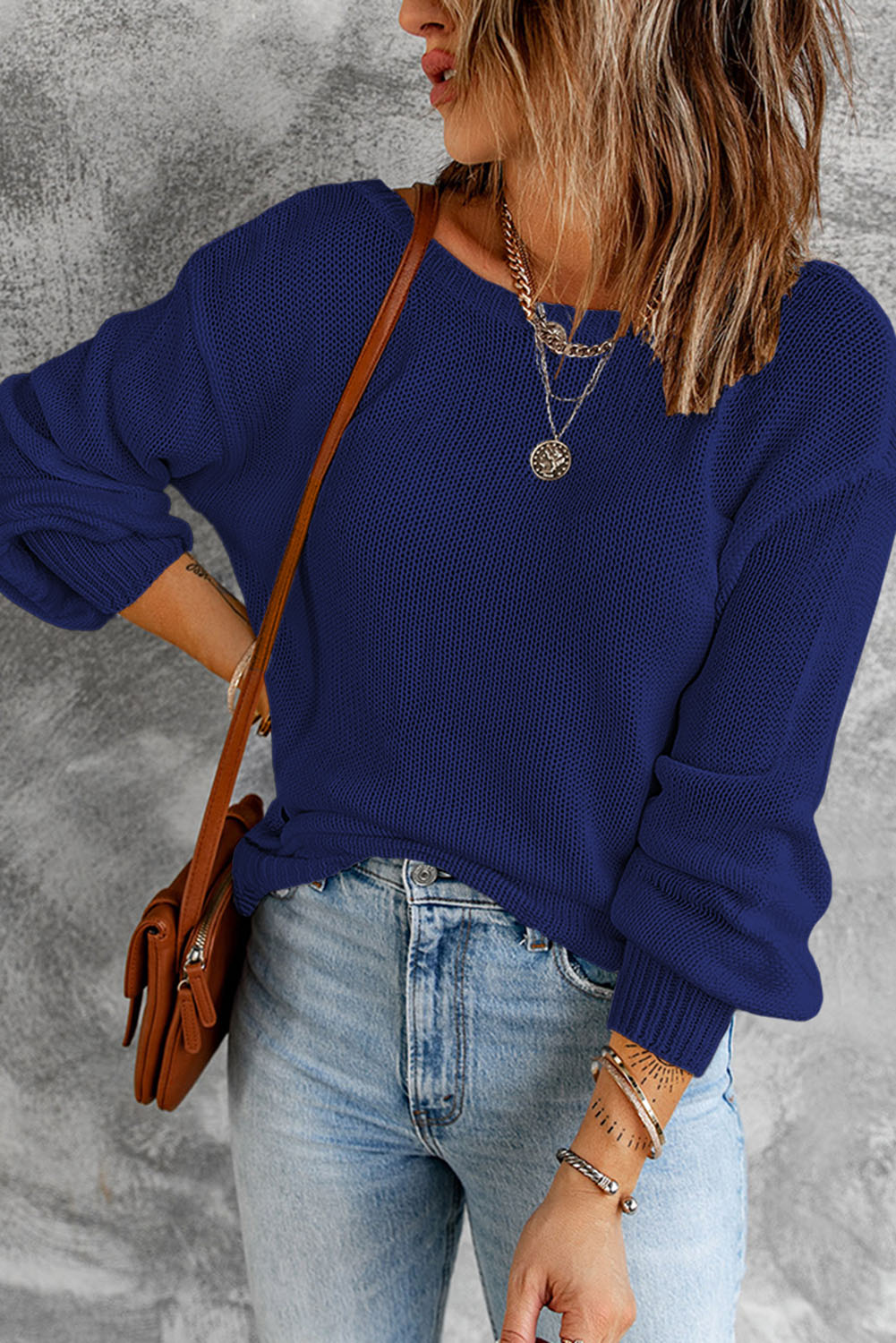 Blue Drop Shoulder Back Cut-out Sweater with Tie