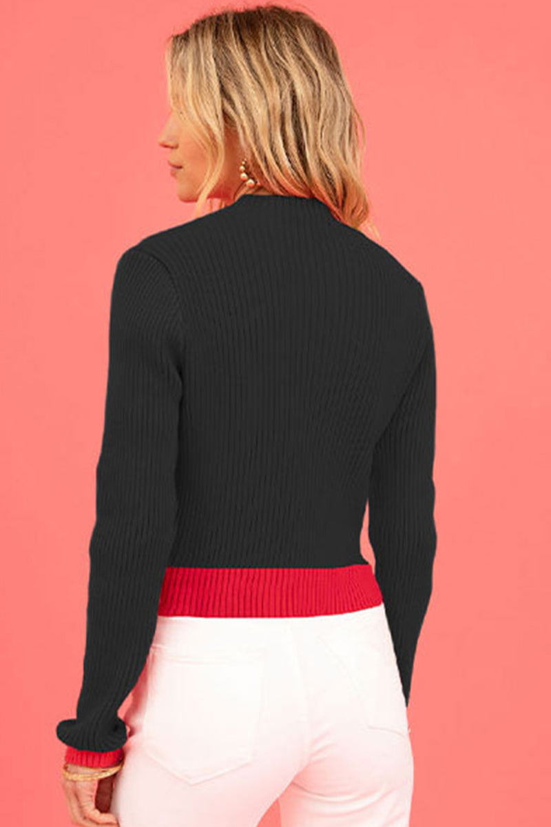 Fiery Red Mock Neck Colorblock Valentine Heart Ribbed Sweater