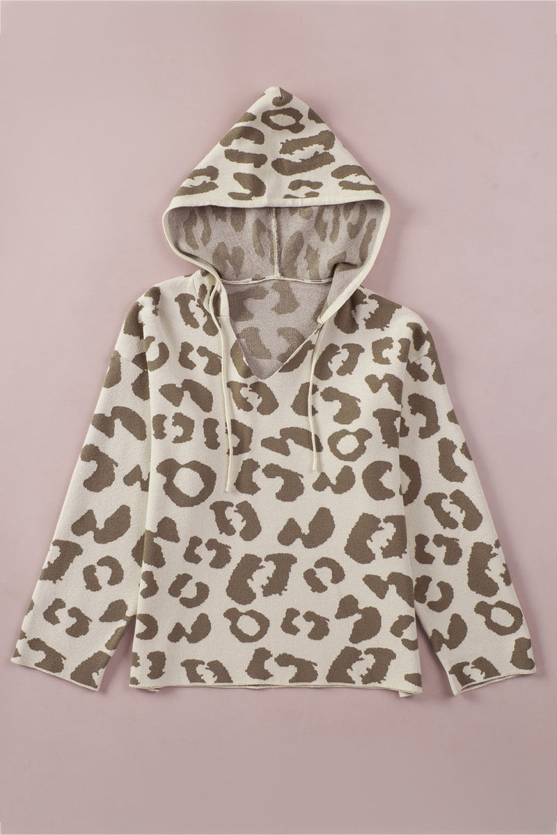 Leopard Drawstring Hooded Pullover Sweater