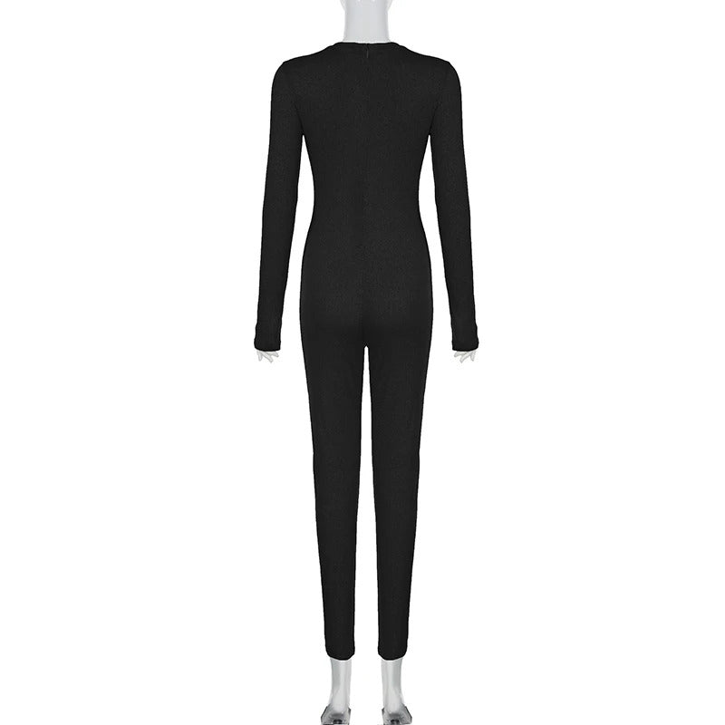 SUCHCUTE Chic Long Sleeve Stretch Skinny O-neck Jumpsuits Casual Basic Solid Women Romper Korean Overalls Jogging Sporty Outfits