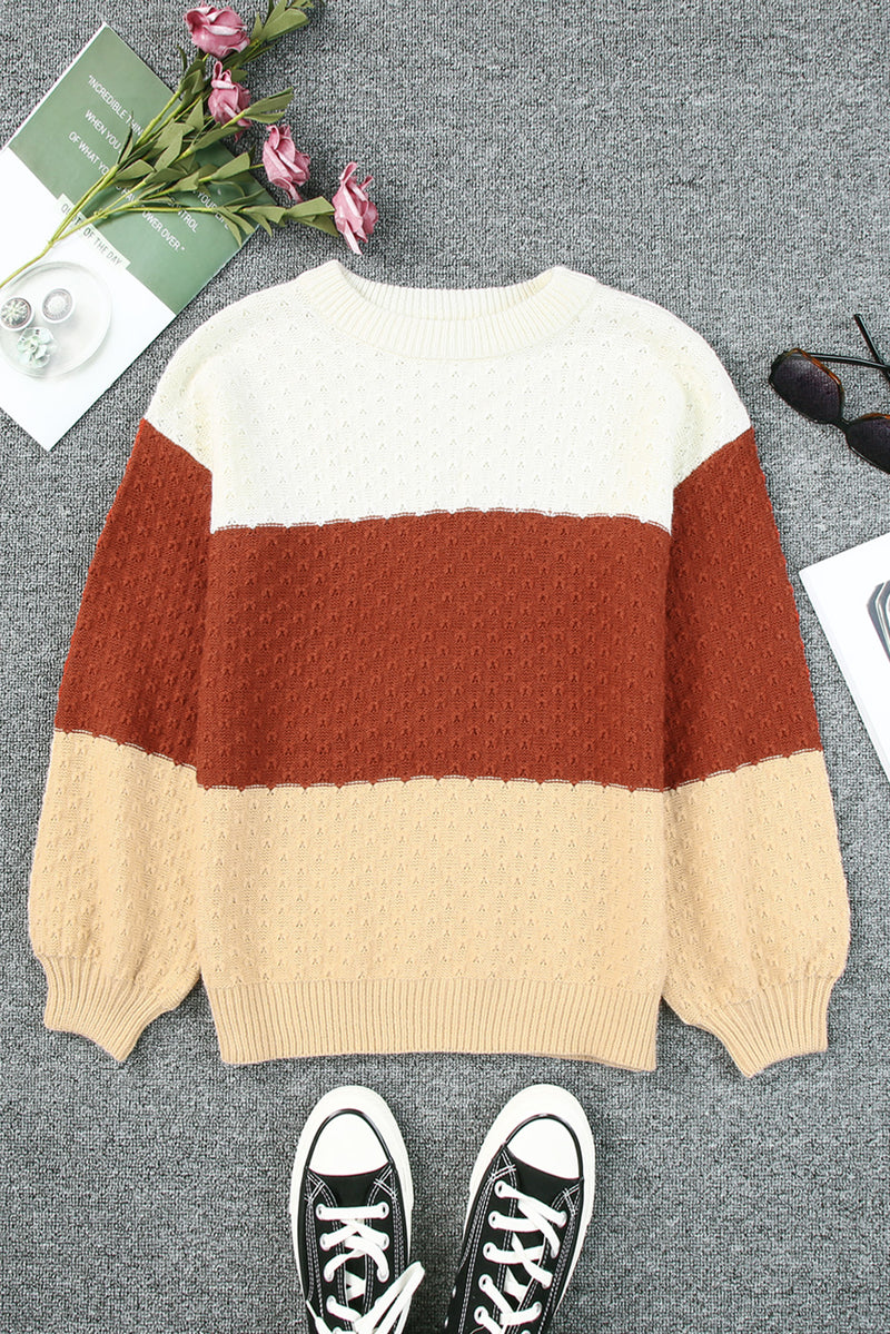 Brown Geometric Texture Colorblock Sweater