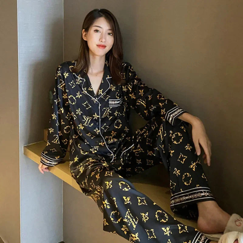 Large Size Pajamas Women Printed Girl Home Wear Two-Piece Cardigan Long-Sleeved Simple Wearable Ladies Sleepwear Loungewear