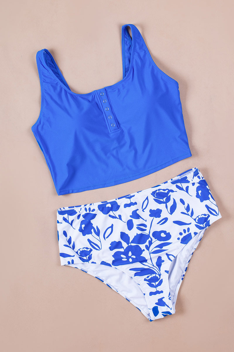 Pink Square Neck Sleeveless Fashion Print Tankini Set