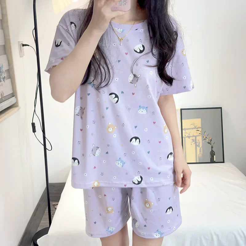 Women's Loose Round Neck Cute Kitty Homewear Pajamas Women's Simple Leisure Long Sleeve Long Pants Two-piece Suit Pajamas  Women