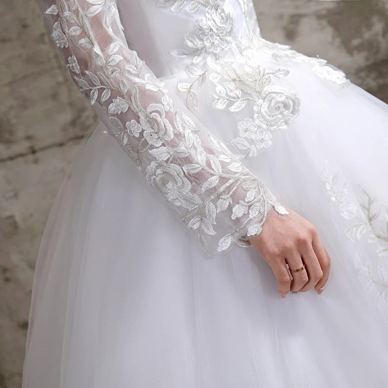 Customized Wedding Dress Style Bride Plus Size Flower Wedding Dresses Dreamy Full-sleeve Bridal Lace Up Dresses Ball Gowns