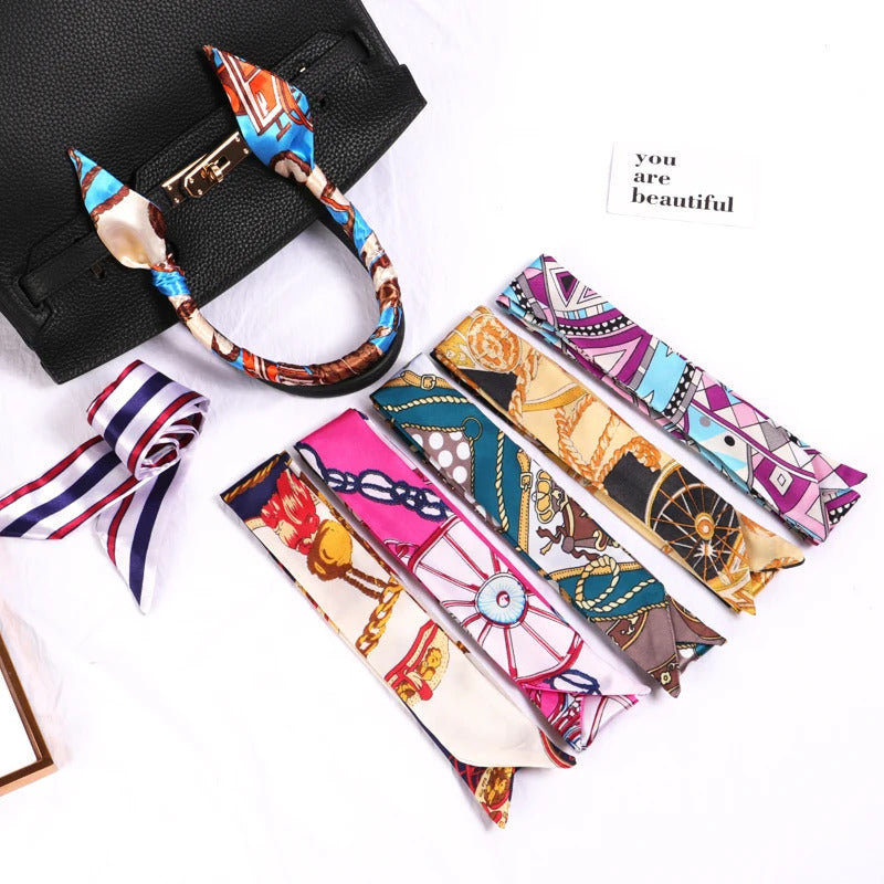 New Print Flower Small Scarf for Women Handle Bag Ribbons Brand Fashion Head Scarf Small Long Skinny Scarves Wholesale Headbands