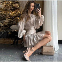 Elegant Bow Lace Up Top Skirts Set For Women O-neck Long Lantern Sleeve Blouses High Waist Pleated Skirt 2025 New Lady Outfits