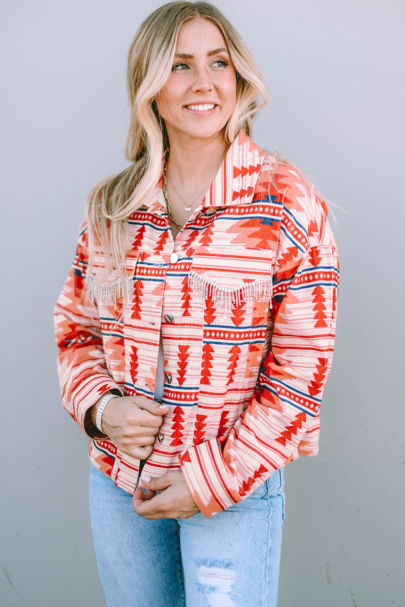 Fiery Red Western Aztec Print Corduroy Jacket