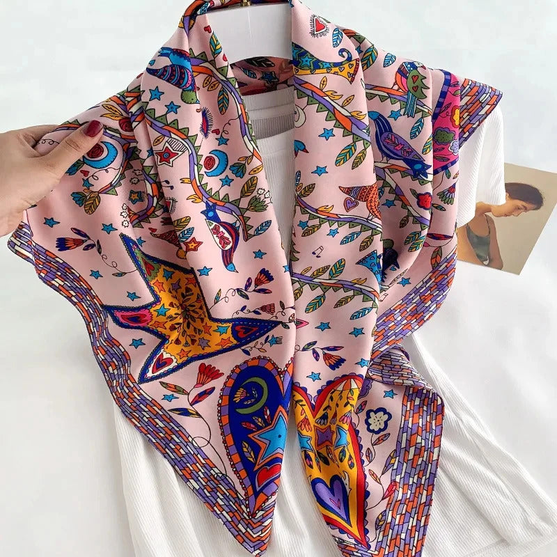 90*90Cm Square Scarf Twill Silk Feeling Women Head Shawls and Wraps Luxury Hair Tree Print Neck Scarves Hijab Bandana Pashmina