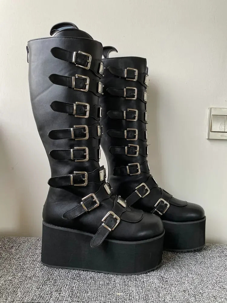 Punk Women Boots Cosplay Ladies High Heel Platform Wedges Women High Boots Gothic Buckle Strap Long Tube Leather Female Boots