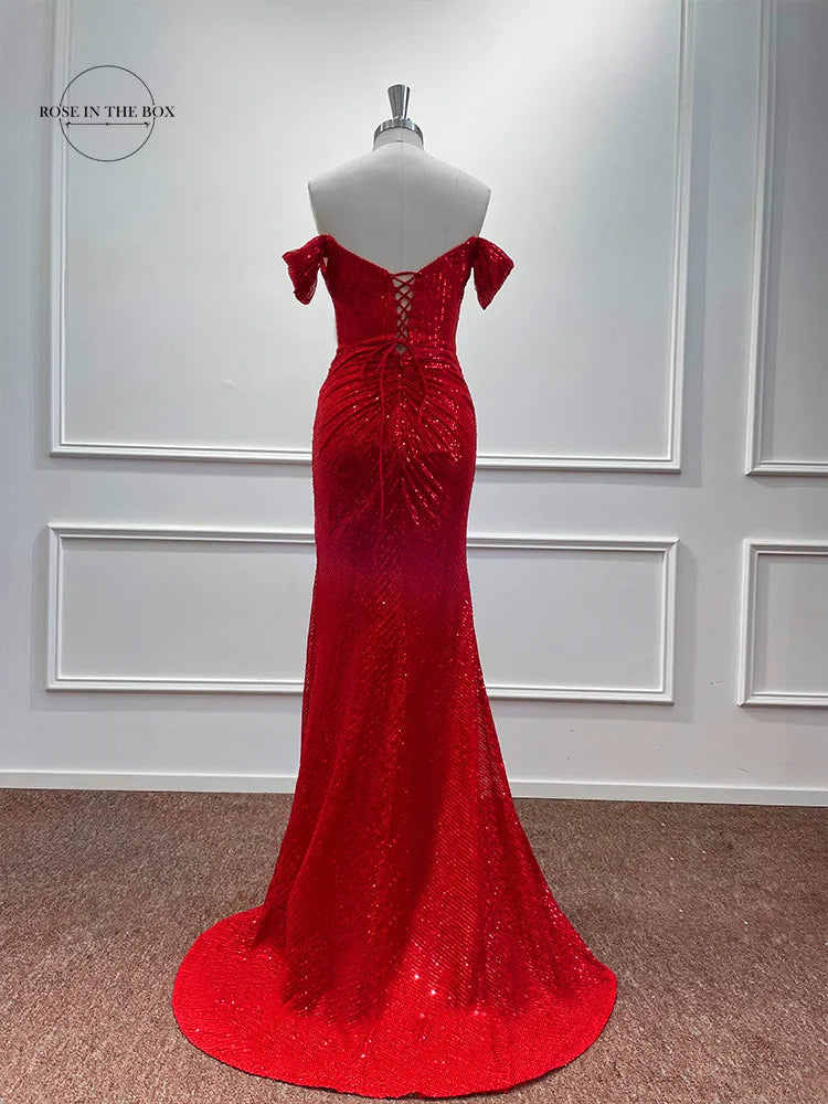 Chic and Elegant Women Evening Maxi Dresses 2024 Off-Shoulder Sequin Mermaid Prom Formal Gowns For Party Split Night Dress