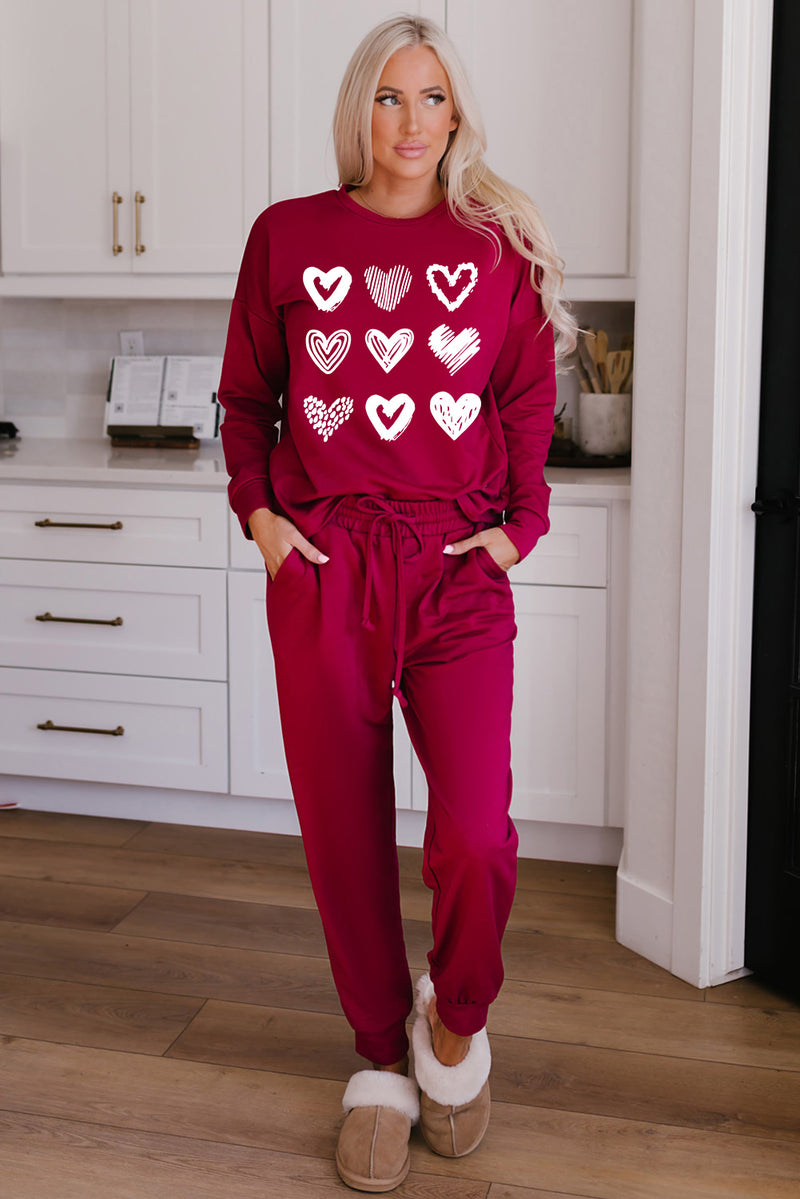 Red Heart Graphic Pullover and Drawstring Pants Lounge Set