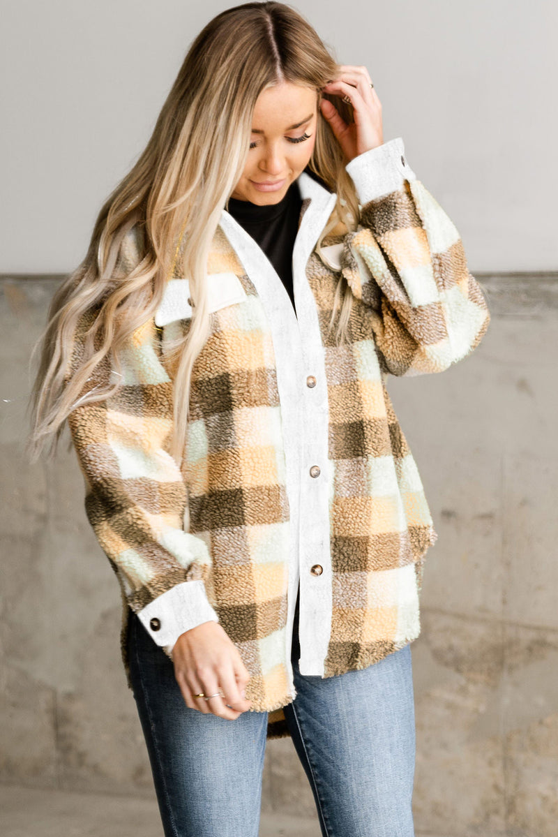 Khaki Plaid Sherpa Flap Pocket Shacket