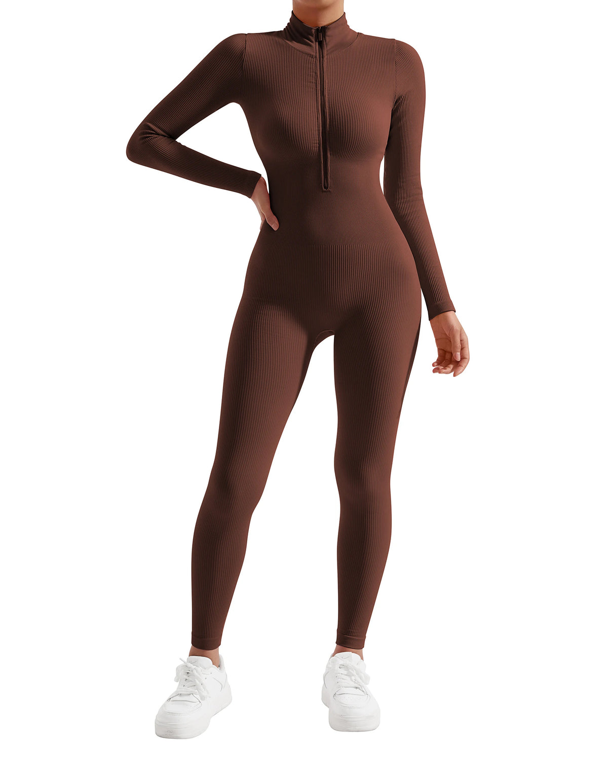 Bodycon Slim Jumpsuit For Women‘s Clothing Zipper Casual Brown Fitness Rompers Autumn 2024 Playsuit Activity Streetwear Overall