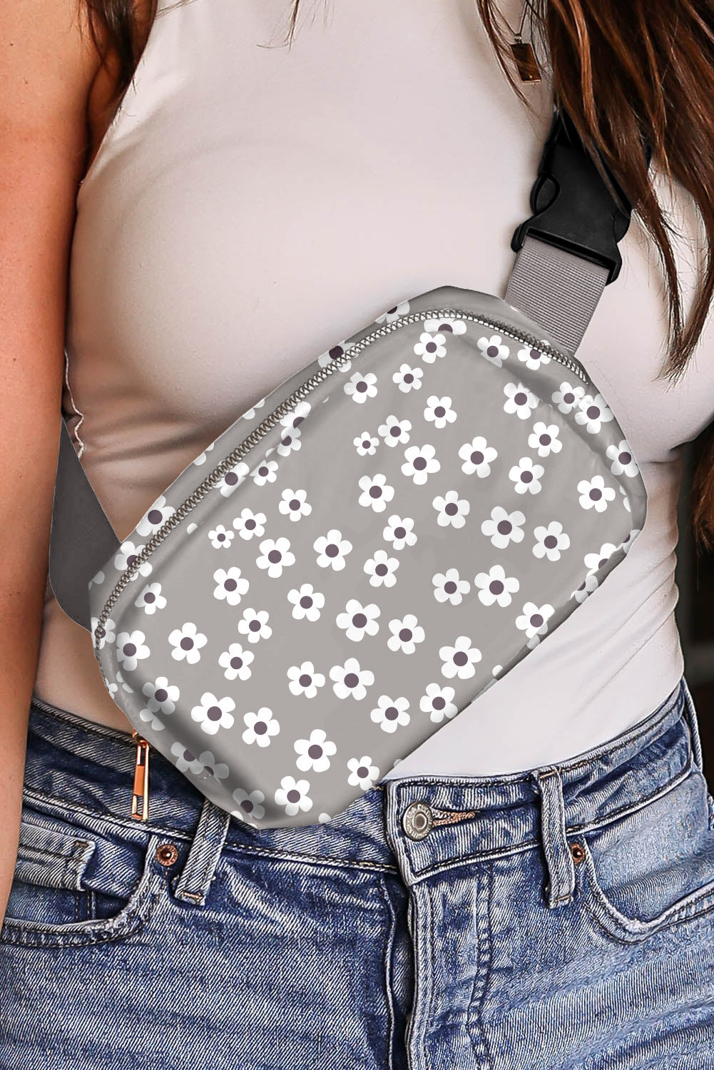 Gray Cute Flower Print Buckle Crossbody Bag